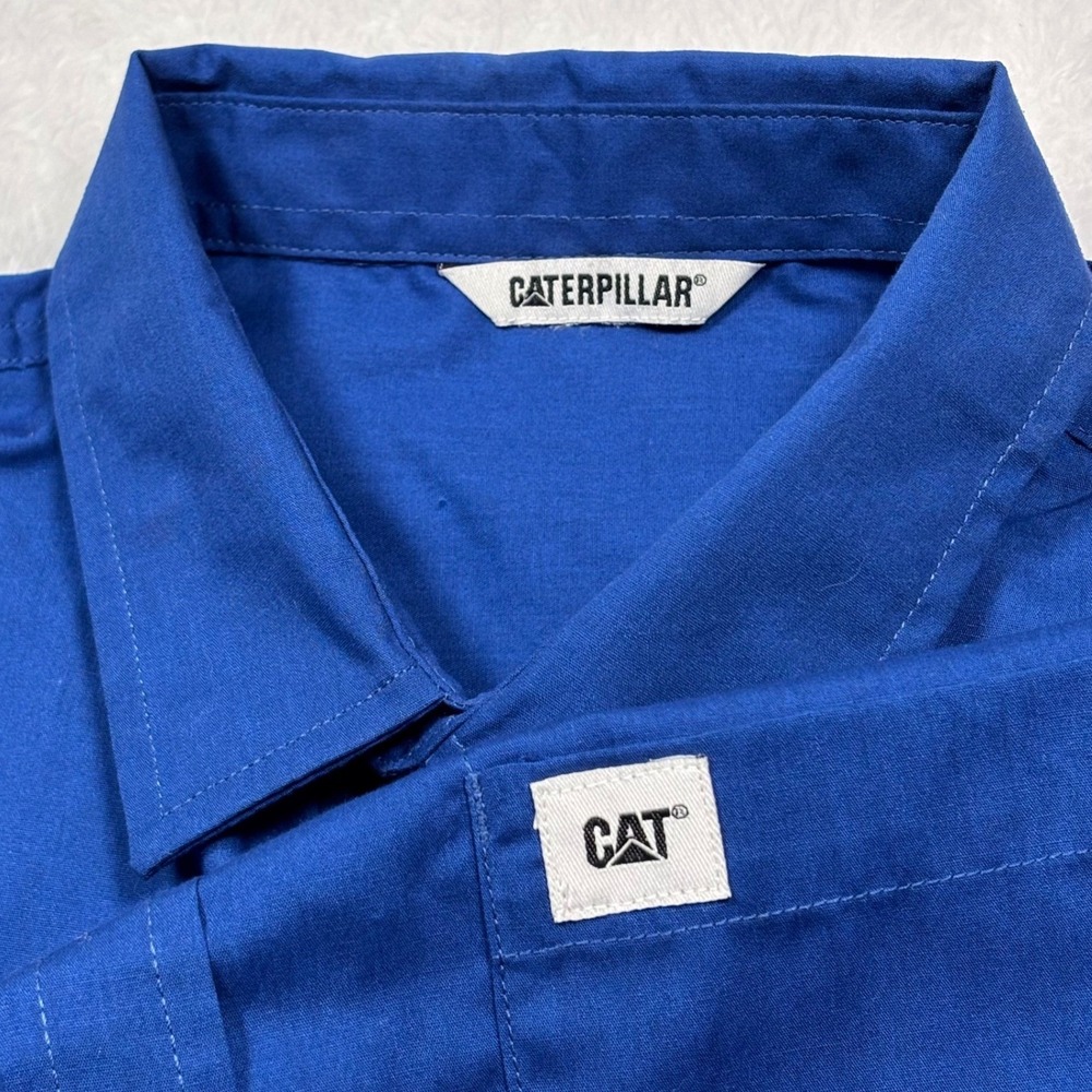 Caterpillar CAT Equipment Button Up Shirt Men S/M Royal Blue Short Sleeve Work